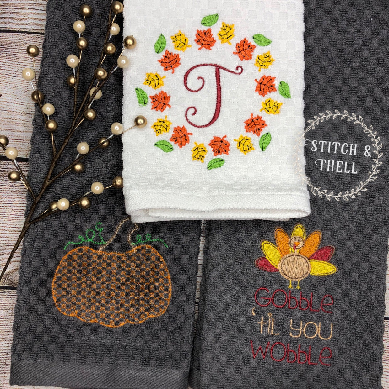 Leaf Monogram (top), Sketchy Pumpkin (bottom left), Gobble til you wobble (bottom right)