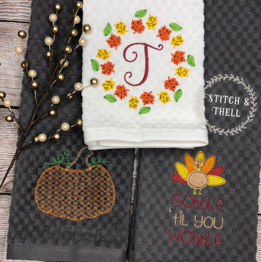 Leaf Monogram (top), Sketchy Pumpkin (bottom left), Gobble til you wobble (bottom right)